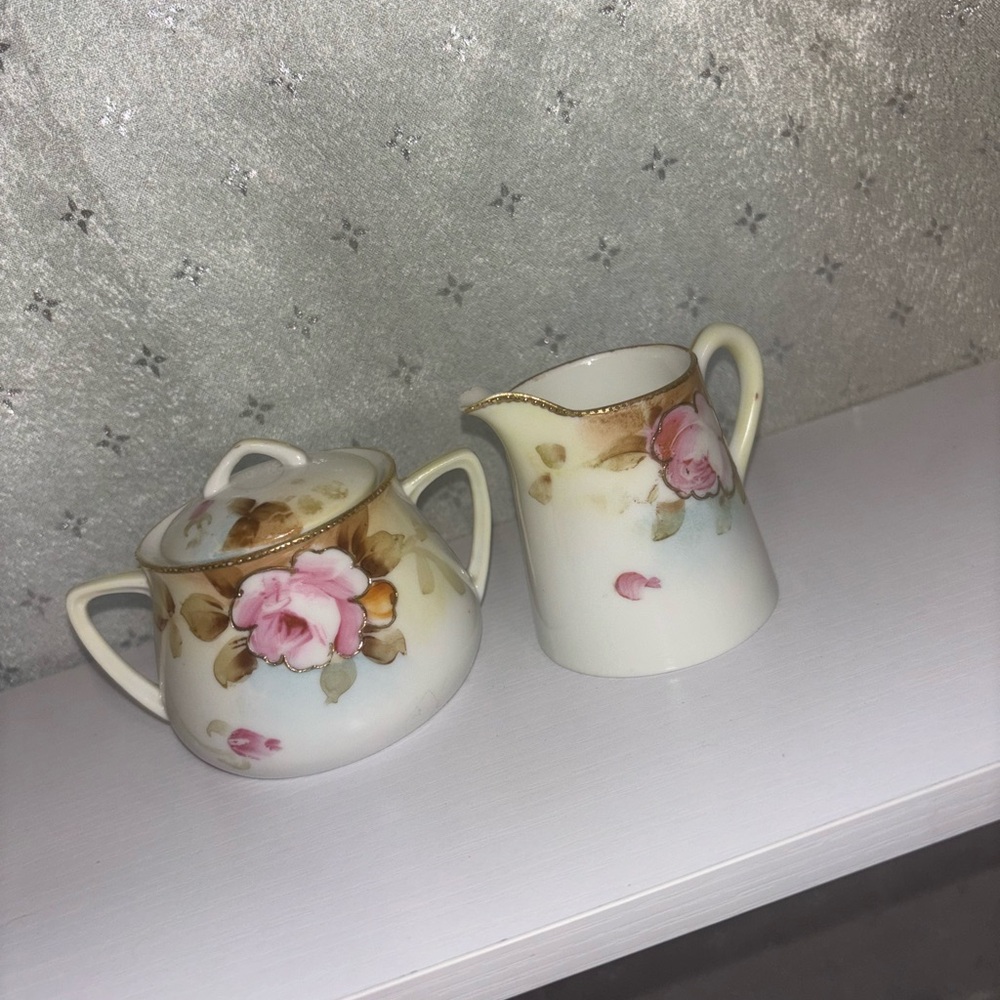 Antique Floral Nippon Creamer & Sugar Bowl Set w/ Gold Trim